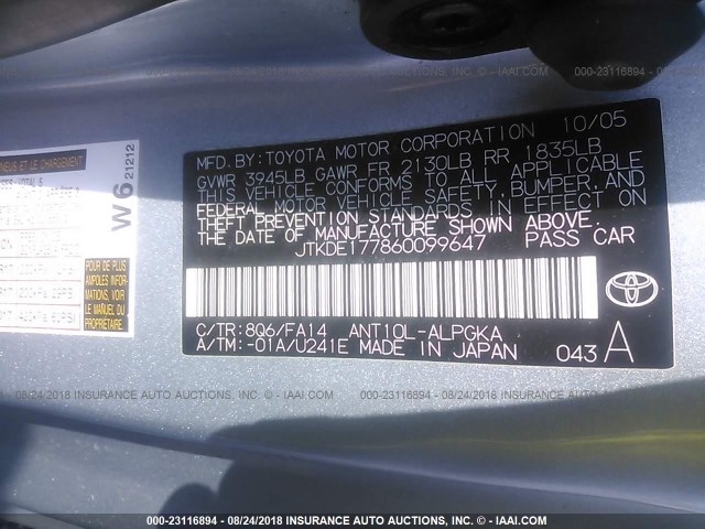 JTKDE177860099647 - 2006 TOYOTA SCION TC 浅蓝色 照片 9