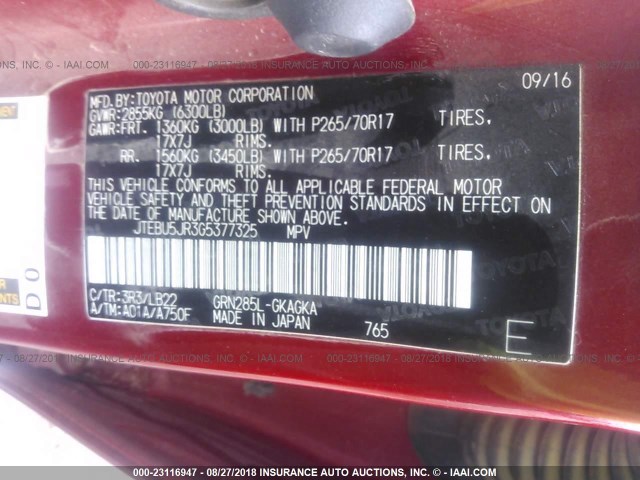 JTEBU5JR3G5377325 - 2016 TOYOTA 4RUNNER SR5 PREM/LTDL/TRAIL/TRD RED photo 9