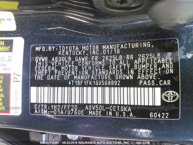 4T1BF1FK1GU568892 - 2016 TOYOTA CAMRY LE/XLE/SE/XSE 蓝色 照片 9