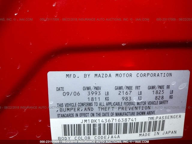 JM1BK143671638741 - 2007 MAZDA 3 HATCHBACK RED photo 9