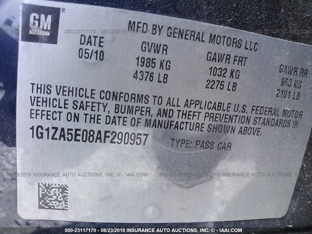 1G1ZA5E08AF290957 - 2010 CHEVROLET MALIBU LS ლურჯი ფოტო 9