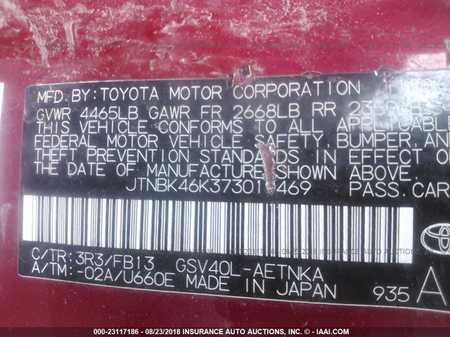 JTNBK46K373019469 - 2007 TOYOTA CAMRY NEW GENERAT LE/XLE/SE RED photo 9