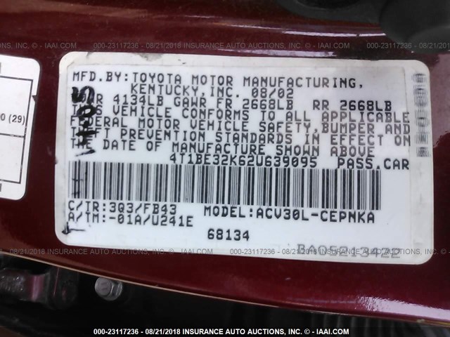 4T1BE32K62U639095 - 2002 TOYOTA CAMRY LE/XLE/SE Tünd qırmızı foto 9