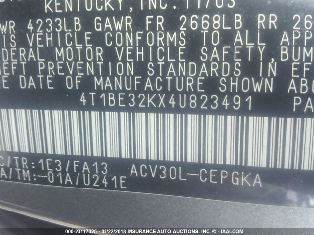 4T1BE32KX4U823491 - 2004 TOYOTA CAMRY LE/XLE/SE Сұр фото 9