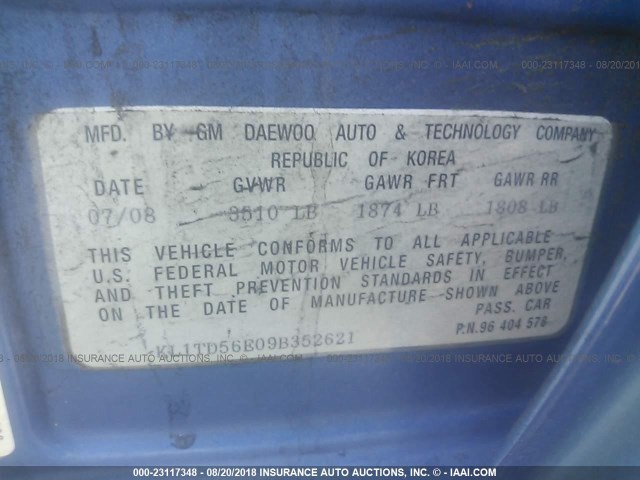 KL1TD56E09B352621 - 2009 CHEVROLET AVEO LS/LT 蓝色 照片 9