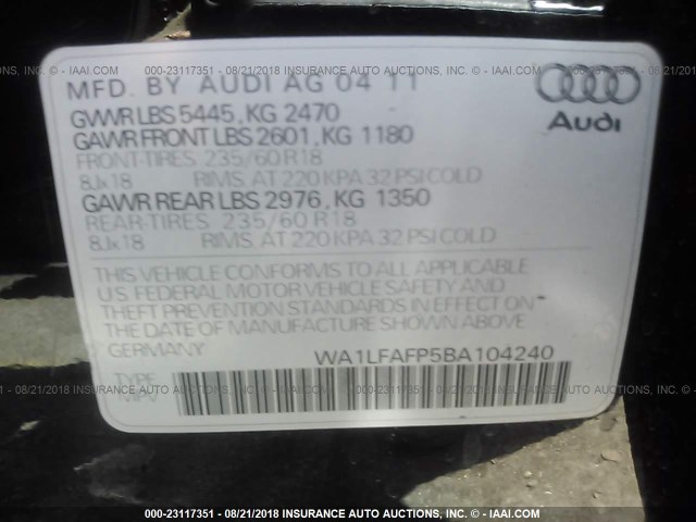 WA1LFAFP5BA104240 - 2011 AUDI Q5 PREMIUM PLUS BLACK photo 9