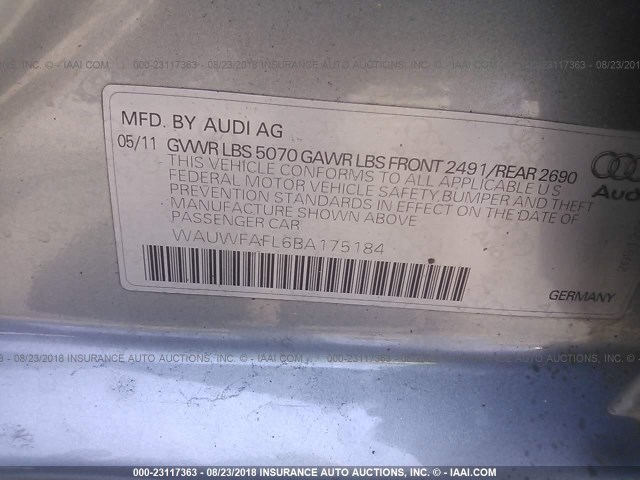 WAUWFAFL6BA175184 - 2011 AUDI A4 PREMIUM PLUS GRAY photo 9