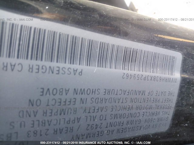 WVWRH63BX3P259462 - 2003 VOLKSWAGEN PASSAT GLX BLACK photo 9