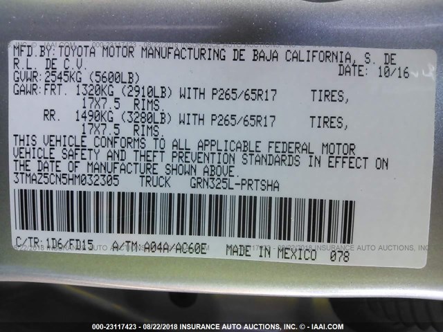 3TMAZ5CN5HM032305 - 2017 TOYOTA TACOMA DBL CAB/SR5/TRD SPORT/OR SILVER photo 9