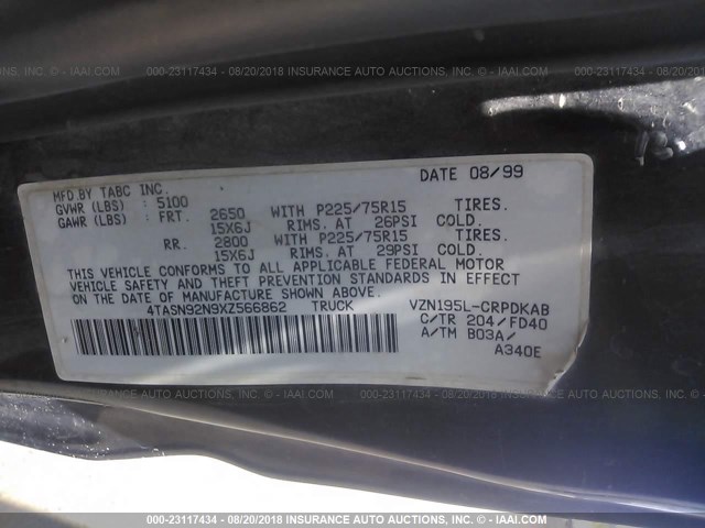 4TASN92N9XZ566862 - 1999 TOYOTA TACOMA XTRACAB PRERUNNER შავი ფოტო 9