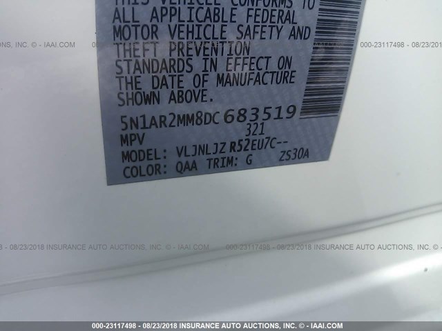 5N1AR2MM8DC683519 - 2013 NISSAN PATHFINDER S/SV/SL/PLATINUM WHITE photo 9