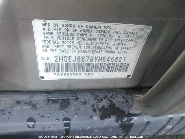 2HGEJ6678YH545821 - 2000 HONDA CIVIC LX TAN photo 9