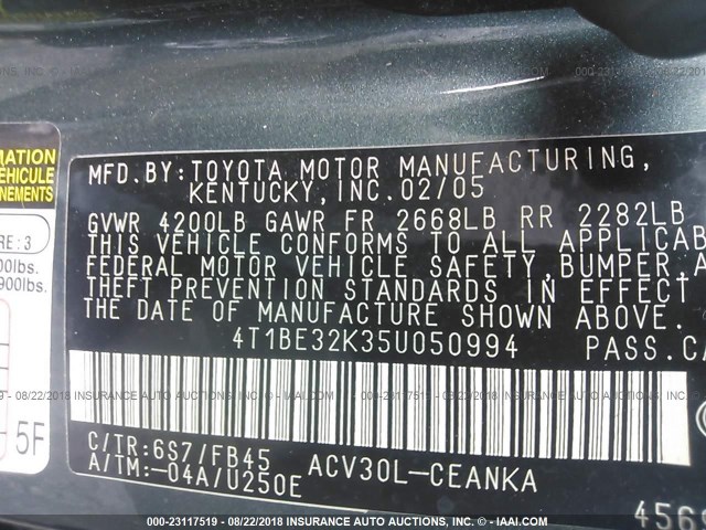 4T1BE32K35U050994 - 2005 TOYOTA CAMRY LE/XLE/SE 绿色 照片 9