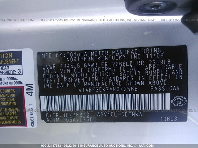 4T4BF3EK7AR072568 - 2010 TOYOTA CAMRY SE/LE/XLE ვერცხლისფერი ფოტო 9