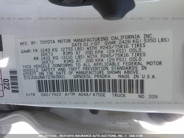 5TEJU62N87Z383801 - 2007 TOYOTA TACOMA DOUBLE CAB PRERUNNER SILVER photo 9