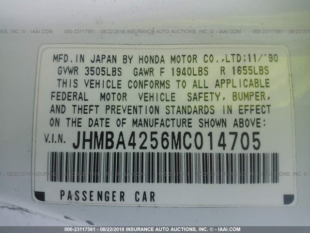 JHMBA4256MC014705 - 1991 HONDA PRELUDE SI ALB/SR WHITE photo 9