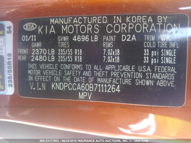 KNDPCCA60B7111264 - 2011 KIA SPORTAGE EX/SX ORANGE photo 9