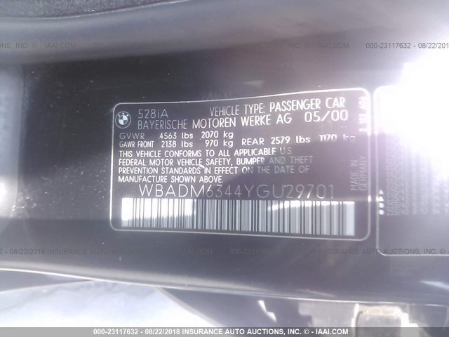 WBADM6344YGU29701 - 2000 BMW 528 I AUTOMATIC BLACK photo 9