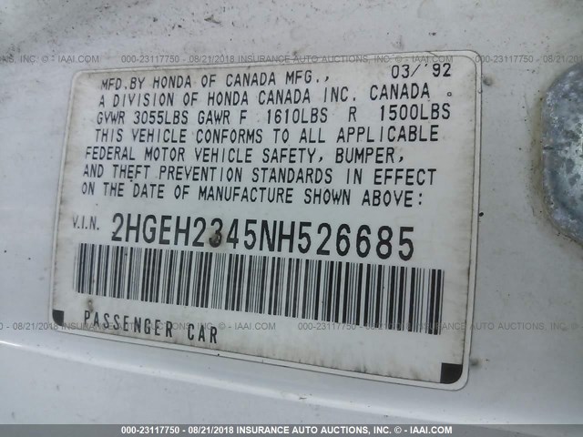 2HGEH2345NH526685 - 1992 HONDA CIVIC CX WHITE photo 9