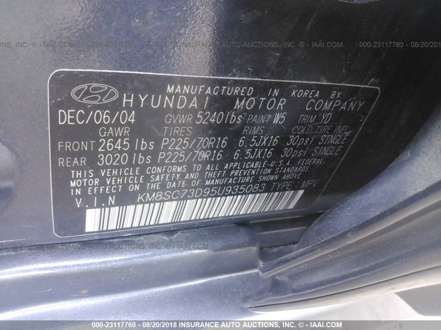 KM8SC73D95U935083 - 2005 HYUNDAI SANTA FE GLS/LX BLACK photo 9