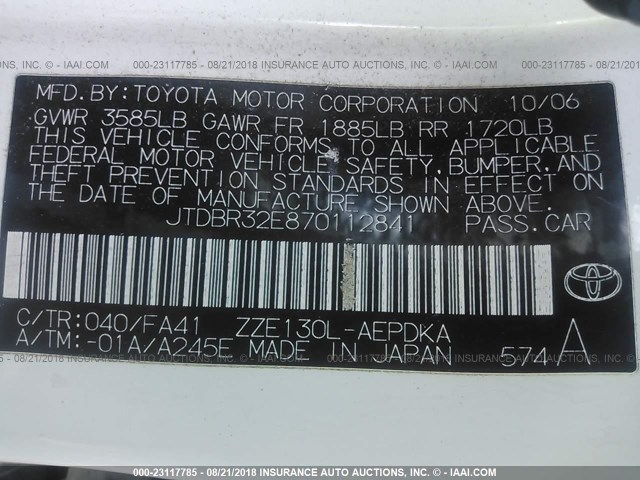 JTDBR32E870112841 - 2007 TOYOTA COROLLA CE/LE/S WHITE photo 9