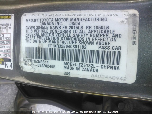 2T1KR32E64C301182 - 2004 TOYOTA COROLLA MATRIX XR GRAY photo 9
