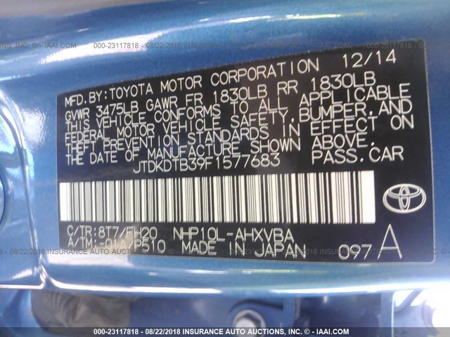 JTDKDTB39F1577683 - 2015 TOYOTA PRIUS C BLUE photo 9