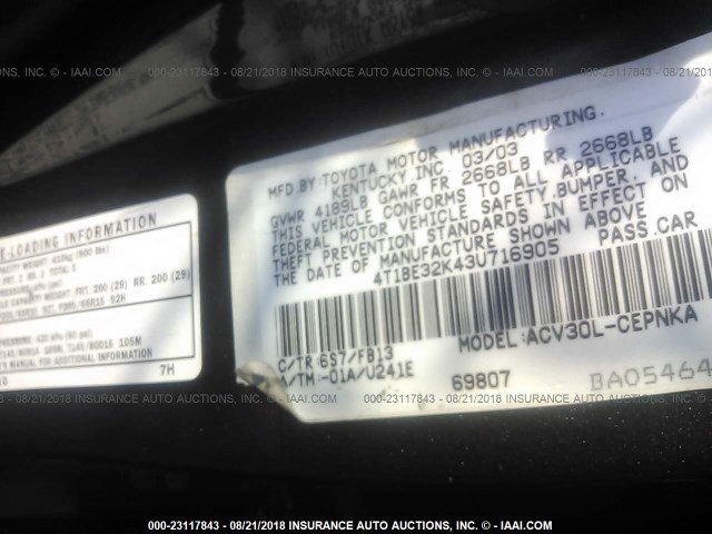 4T1BE32K43U716905 - 2003 TOYOTA CAMRY LE/XLE/SE 灰色 照片 9