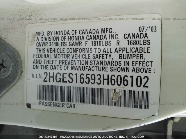 2HGES16593H606102 - 2003 HONDA CIVIC LX WHITE photo 9