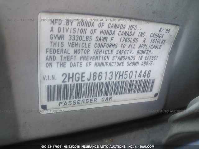 2HGEJ6613YH501446 - 2000 HONDA CIVIC SE SILVER photo 9