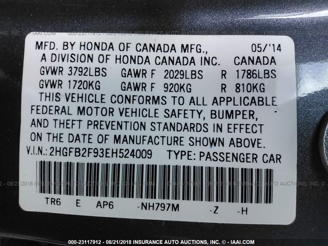 2HGFB2F93EH524009 - 2014 HONDA CIVIC EXL 灰色 照片 9