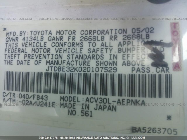 JTDBE32K020107529 - 2002 TOYOTA CAMRY LE/XLE/SE Ağ foto 9