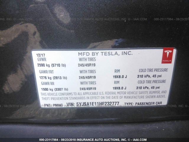 5YJSA1E11HF232777 - 2017 TESLA MODEL S GRAY photo 9