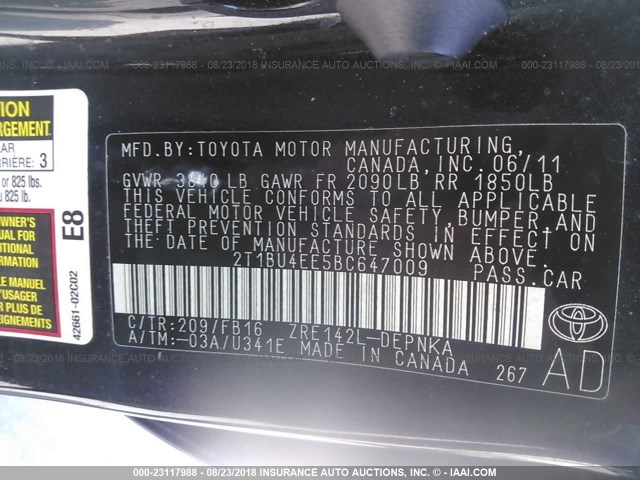 2T1BU4EE5BC647009 - 2011 TOYOTA COROLLA S/LE BLACK photo 9