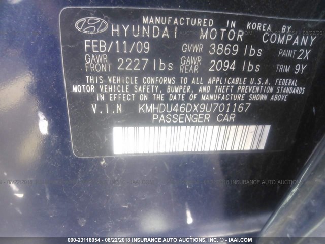 KMHDU46DX9U701167 - 2009 HYUNDAI ELANTRA GLS/SE BLUE photo 9