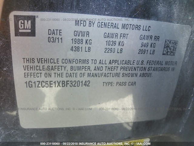 1G1ZC5E1XBF320142 - 2011 CHEVROLET MALIBU 1LT BLACK photo 9