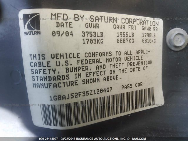 1G8AJ52F35Z120467 - 2005 SATURN ION LEVEL 2 白色 照片 9