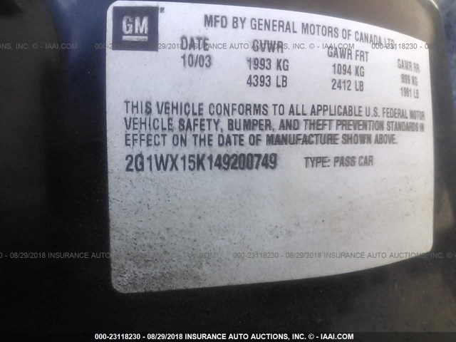 2G1WX15K149200749 - 2004 CHEVROLET MONTE CARLO SS შავი ფოტო 9