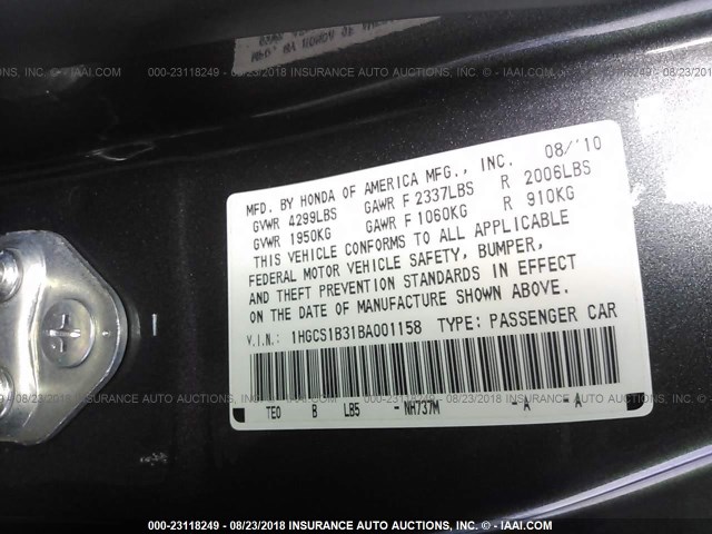 1HGCS1B31BA001158 - 2011 HONDA Accord LX-S GRAY photo 9