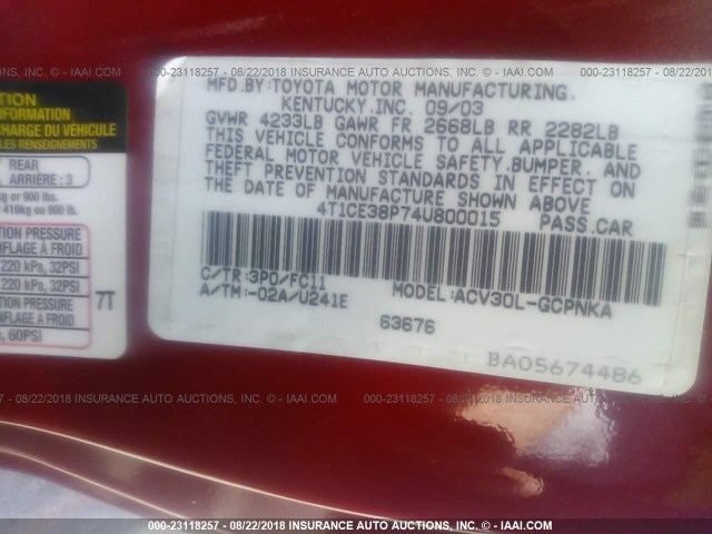 4T1CE38P74U800015 - 2004 TOYOTA CAMRY SOLARA SE/SLE წითელი ფოტო 9