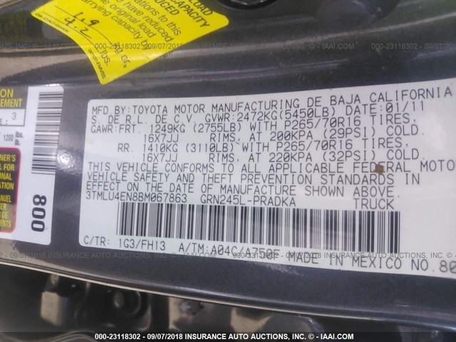 3TMLU4EN8BM067863 - 2011 TOYOTA TACOMA DOUBLE CAB 灰色 照片 9