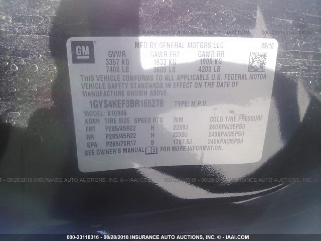 1GYS4KEF3BR165278 - 2011 CADILLAC ESCALADE ESV PLATINUM შავი ფოტო 9