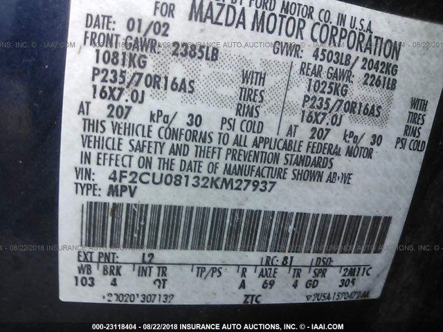 4F2CU08132KM27937 - 2002 MAZDA TRIBUTE LX/ES 蓝色 照片 9