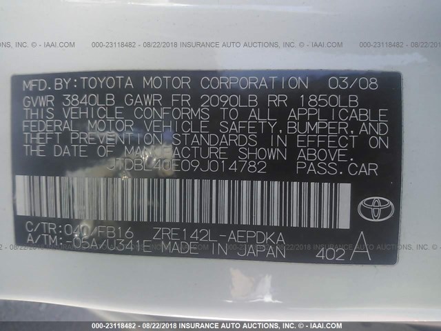 JTDBL40E09J014782 - 2009 TOYOTA COROLLA LE/XLE WHITE photo 9