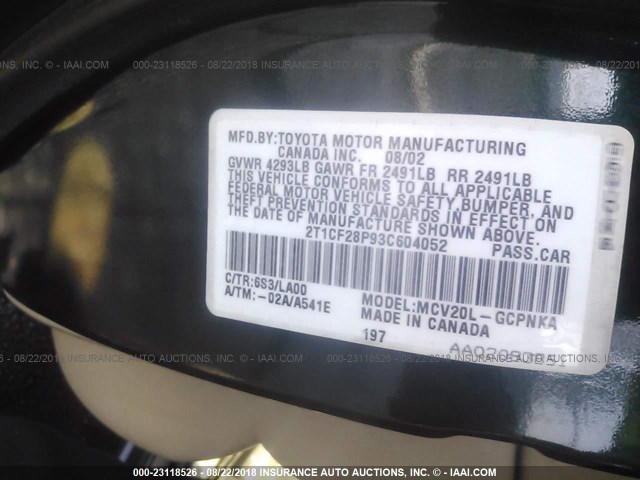 2T1CF28P93C604052 - 2003 TOYOTA CAMRY SOLARA SE/SLE Yaşıl foto 9