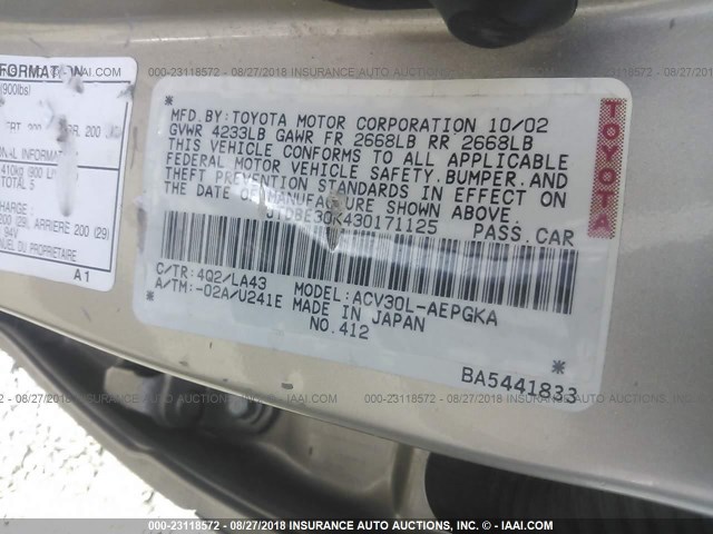 JTDBE30K430171125 - 2003 TOYOTA CAMRY LE/XLE GOLD photo 9