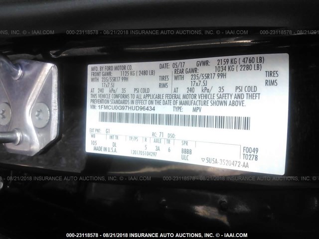 1FMCU0G97HUD96434 - 2017 FORD ESCAPE SE BLACK photo 9