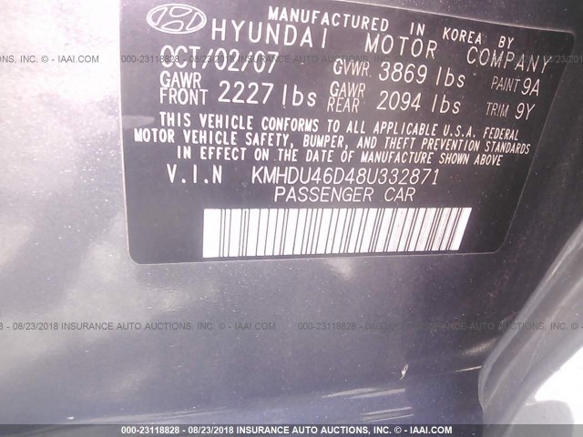 KMHDU46D48U332871 - 2008 HYUNDAI ELANTRA GLS/SE/LIMITED GRAY photo 9