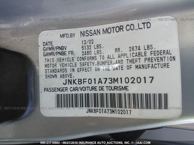 JNKBF01A73M102017 - 2003 INFINITI Q45 SILVER photo 9