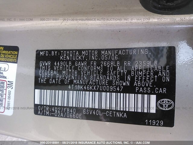 4T1BK46KX7U009547 - 2007 TOYOTA CAMRY NEW GENERAT LE/XLE/SE GOLD photo 9